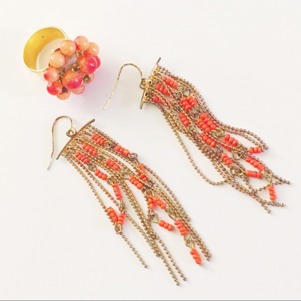 Coral/gold ring and drop earrings